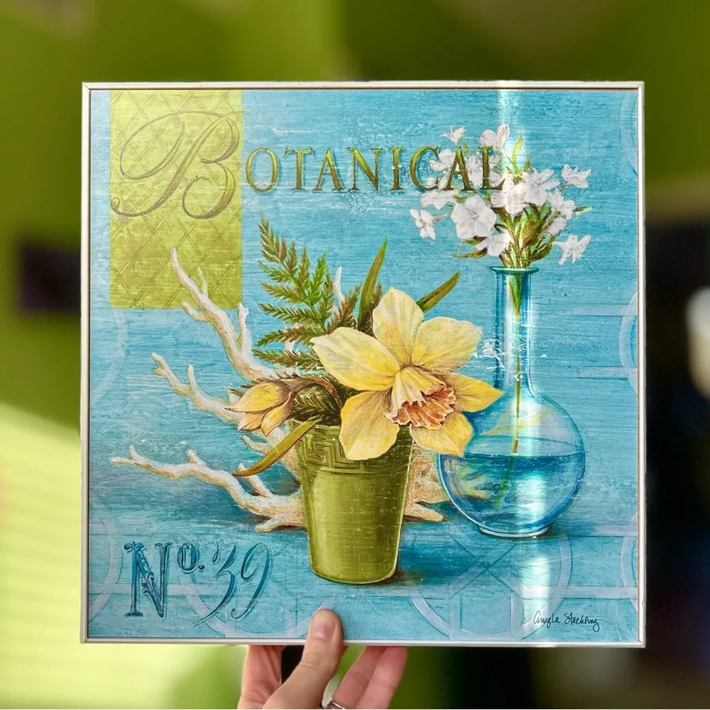 VTG Botanical Floral Blue & Yellow Cottagecore Farmhouse Wall Hanging Art Decor